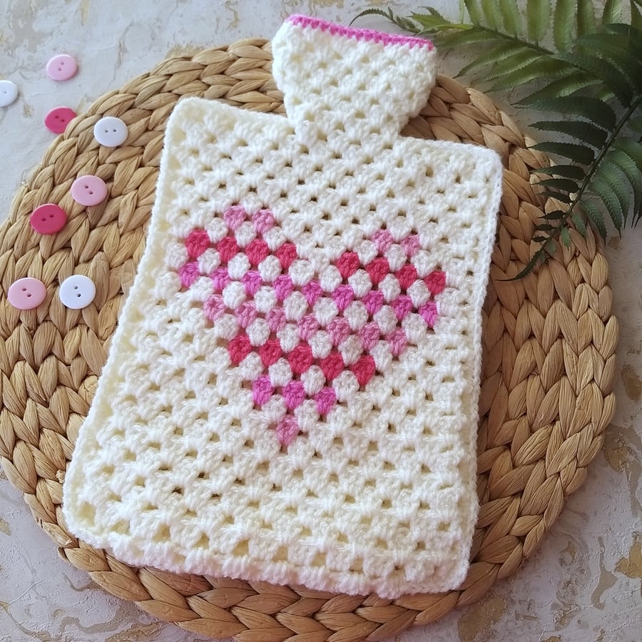 Crochet Hot Water Bottle Cover Love Heart Granny Stripe 