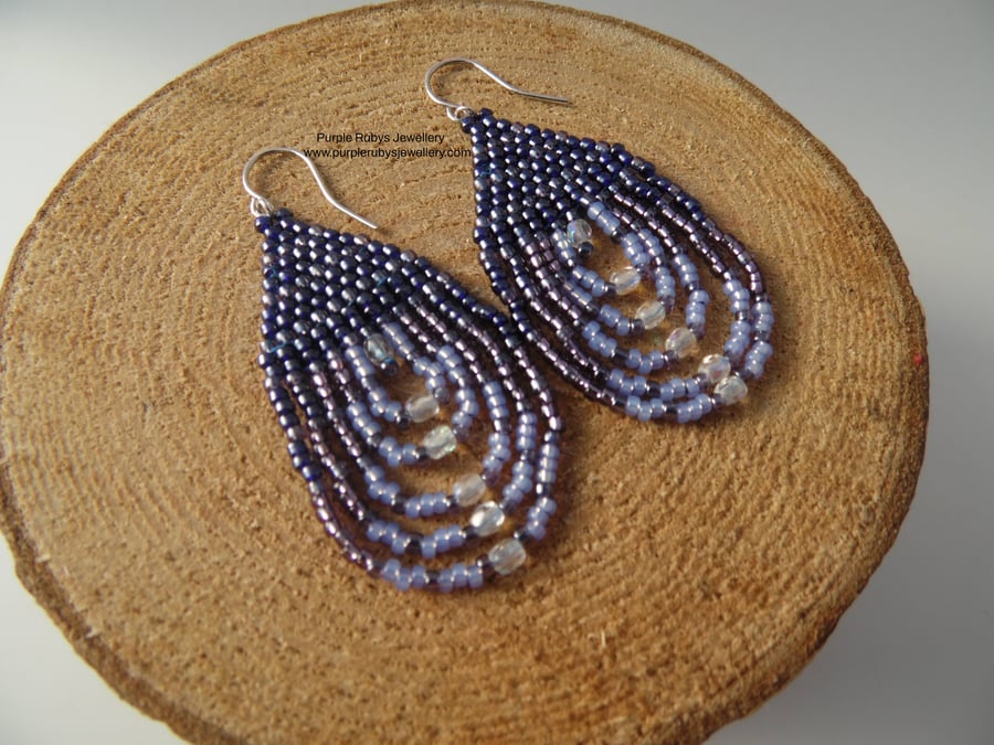 Deep Navy Blue & Purple Lustre Beaded Teardrop Earrings E550