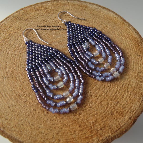 Deep Navy Blue & Purple Lustre Beaded Teardrop Earrings E550