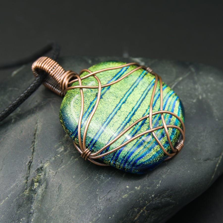 Copper Wire Wrapped Green & Blue Striped Dichroic Glass Square Pendant