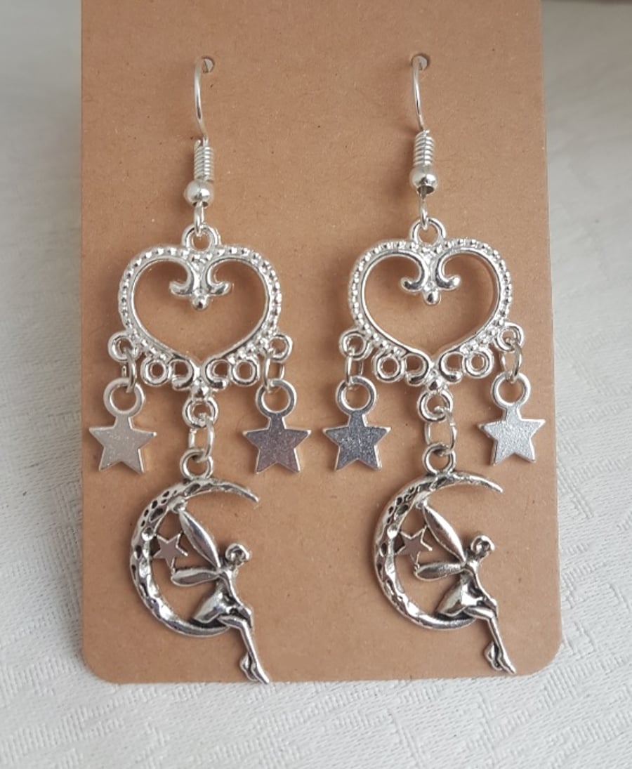 Gorgeous Dangly Hearts, Stars and Fairy Moon Earrings - Silver Tone Ear Wires.