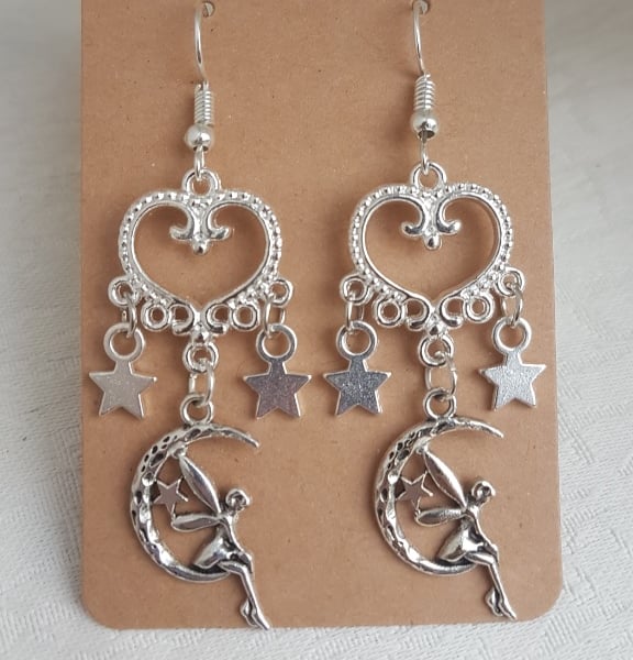 Gorgeous Dangly Hearts, Stars and Fairy Moon Earrings - Silver Tone Ear Wires.