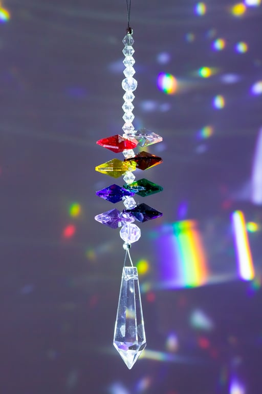 Suncatcher hanging window decoration with pointed prism and rainbow octagons