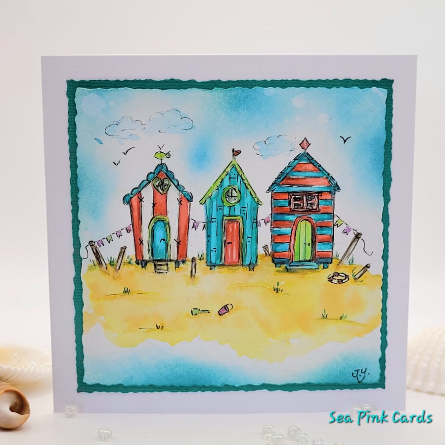 Handpainted Blank Card - original watercolour, beach huts, birthday, thanks