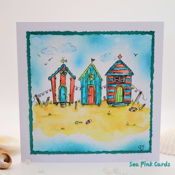 Handpainted Blank Card - cards, beach huts, birthday, mothers day, fathers day