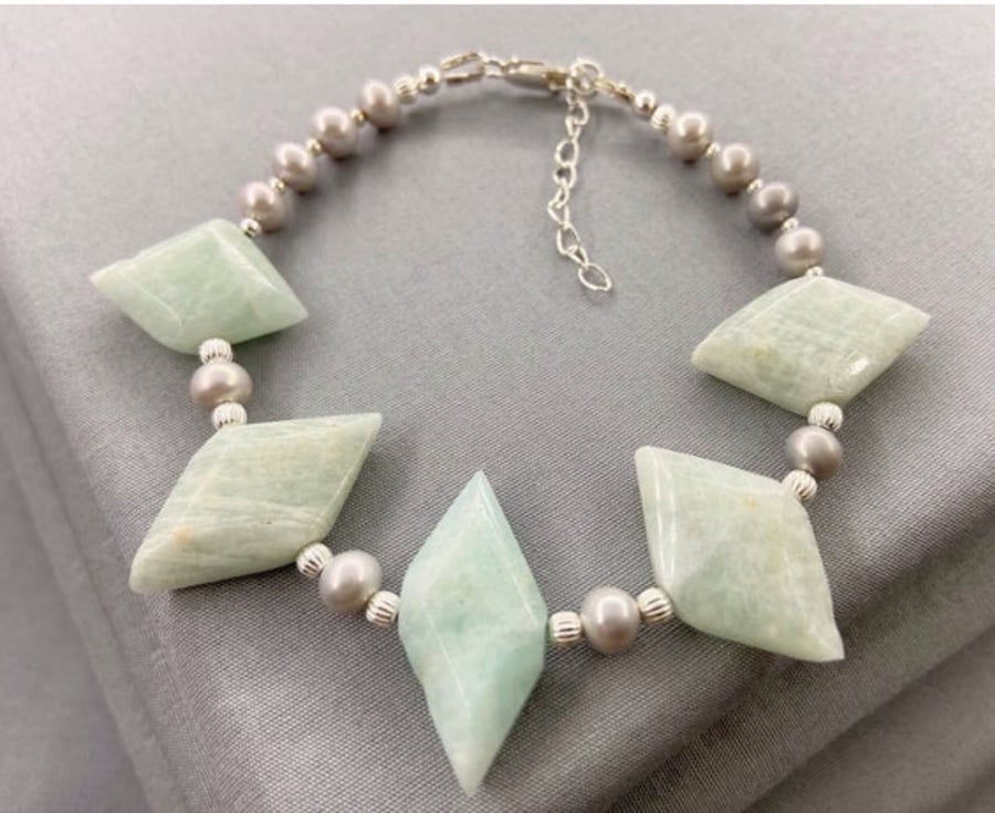 Amazonite & Cultured Pearl Diamond Shaped Bracelet 