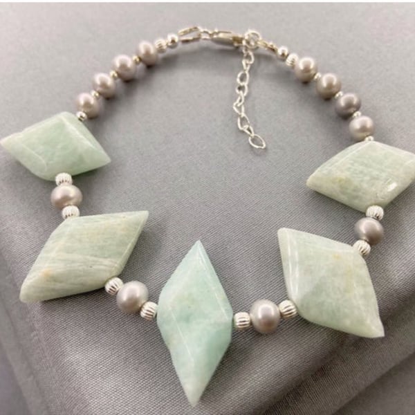 Amazonite & Cultured Pearl Diamond Shaped Bracelet 