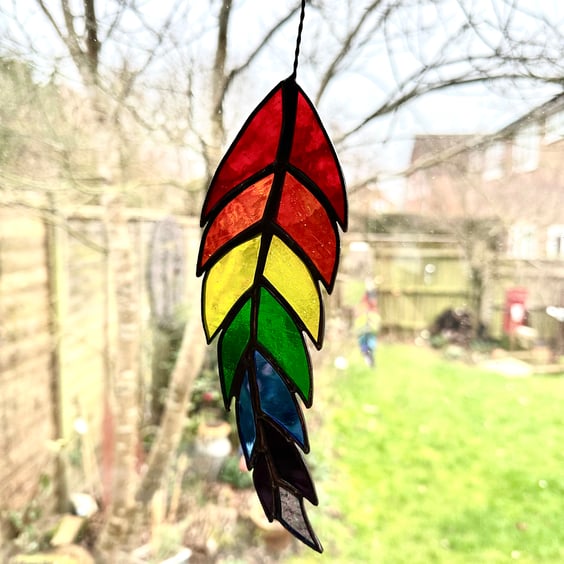 Stained Glass Rainbow Feather Suncatcher - Handmade Hanging Decoration 