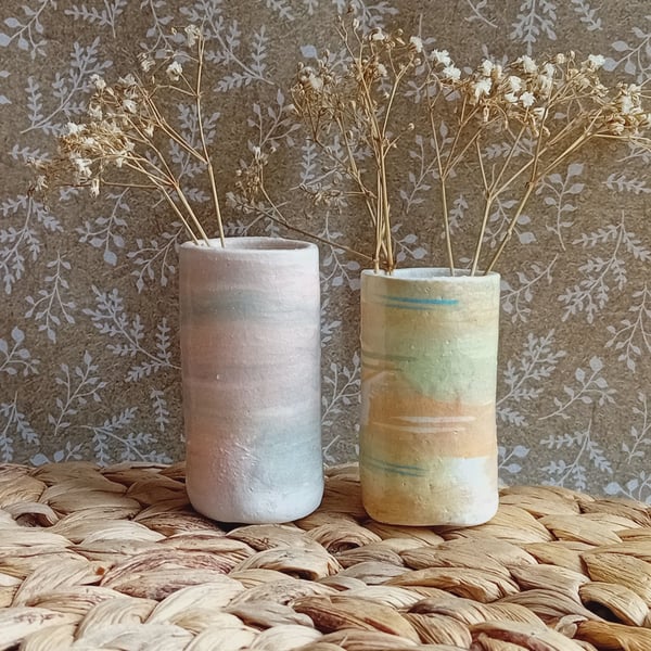 Ceramic mini cups,shot glasses, bud vases mismatched,rustic pair set 2