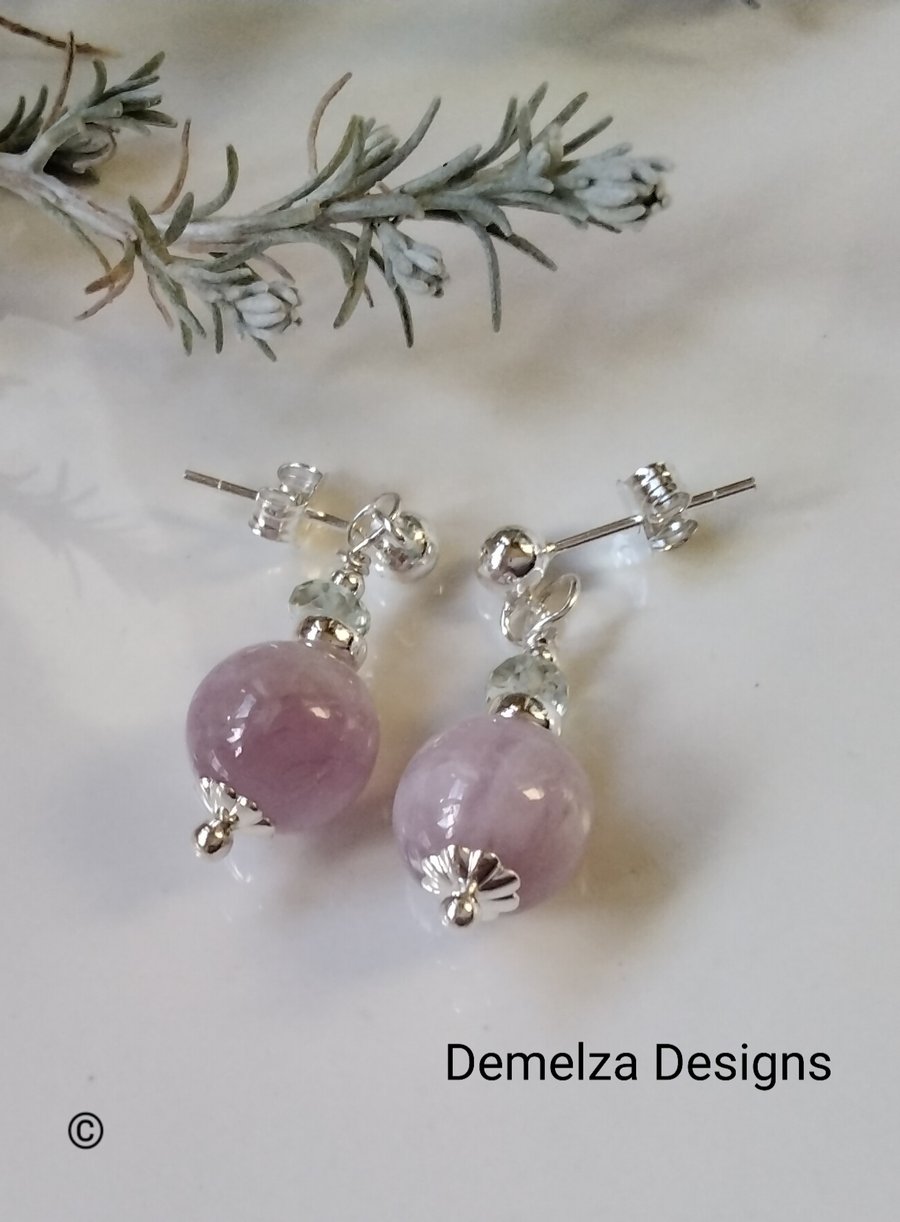 Designer Pink Kunzite & Aquamarine Sterling  Silver Stud Earnings 