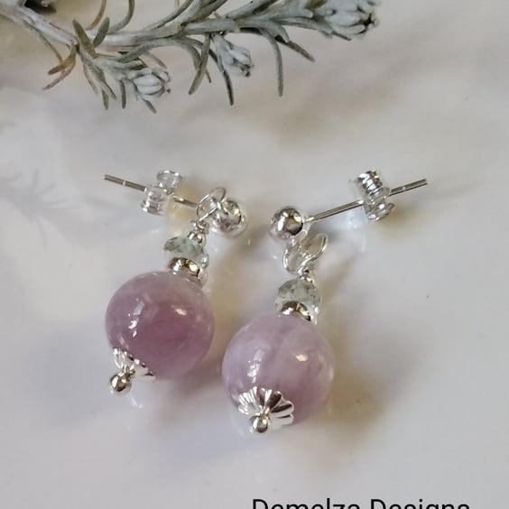 Designer Pink Kunzite & Aquamarine Sterling  Silver Stud Earnings 