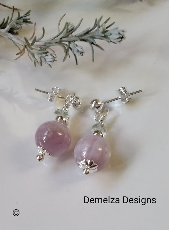 Designer Pink Kunzite & Aquamarine Sterling  Silver Stud Earnings 