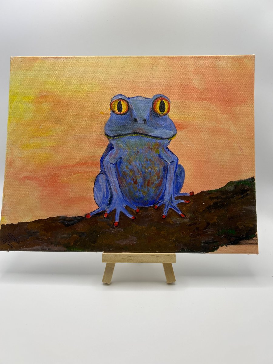 Original blue frog acrylic painting 10x8" 