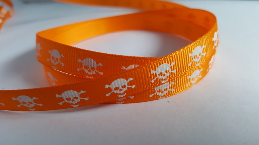 3m Ribbon - Printed Grosgrain - 9mm - Skull & Crossbones - Orange 