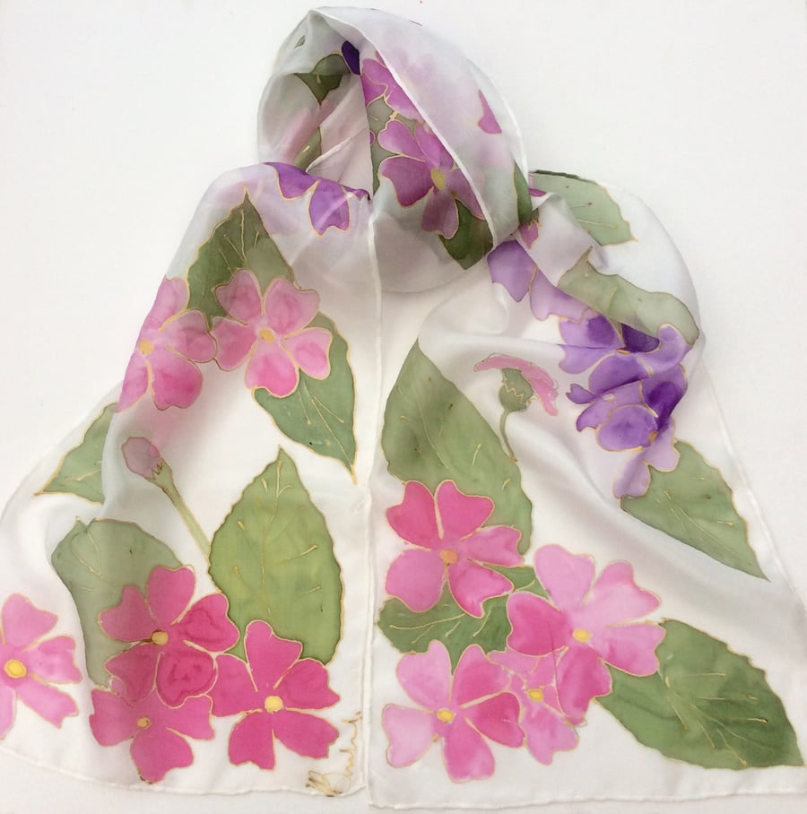 Pink and purple Primula hand  painted silk scarf