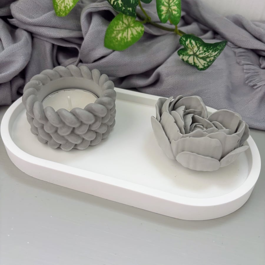 White Oval Tray Gift Set with Grey Rope Tealight Holder & Rose Heart Diffuser