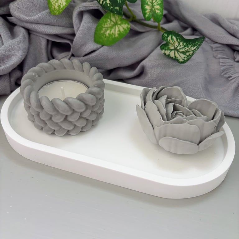 White Oval Tray Gift Set with Grey Rope Tealight Holder & Rose Heart Diffuser