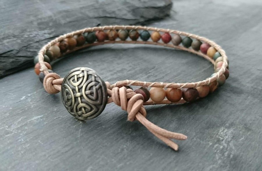 Jasper semi precious gemstone bead and leather bracelet with Celtic knot button