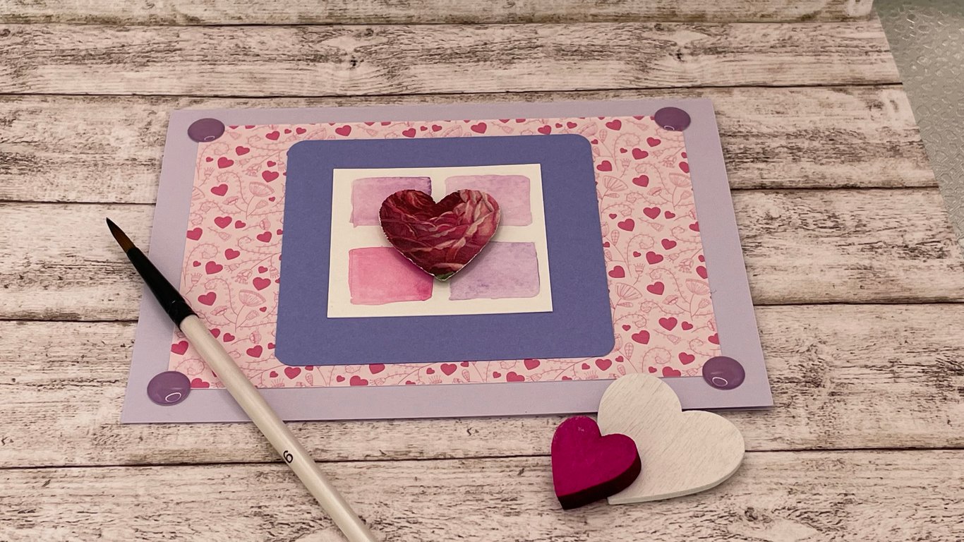 Wedding card with hand painted details and hearts