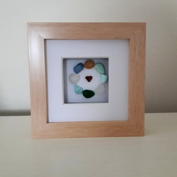 Sea Glass & Pebble Art Framed 5 x 5", Abstract Beach Art