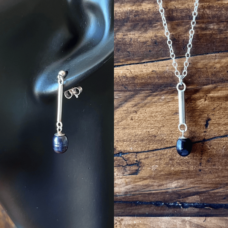 Handmade Petrol Blue Pearl Bar Drop Earrings & Pendant Set