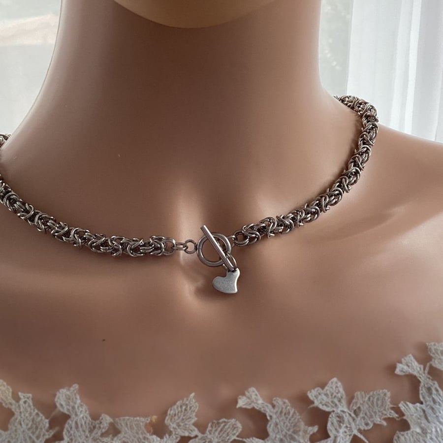 Stainless Steel Chainmaille Necklace, Heart Byzantine Necklace