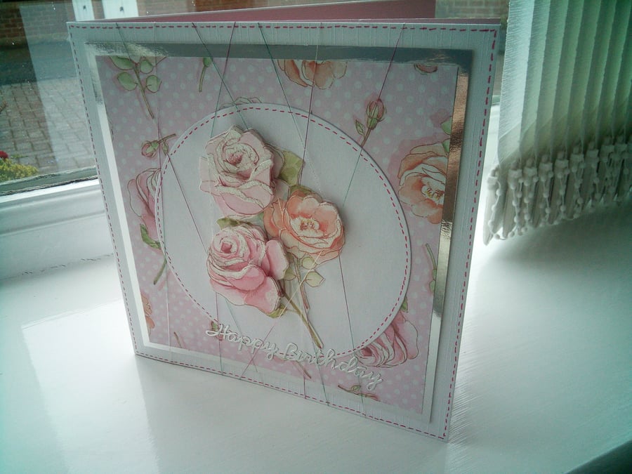 Roses on pink spot birthday card