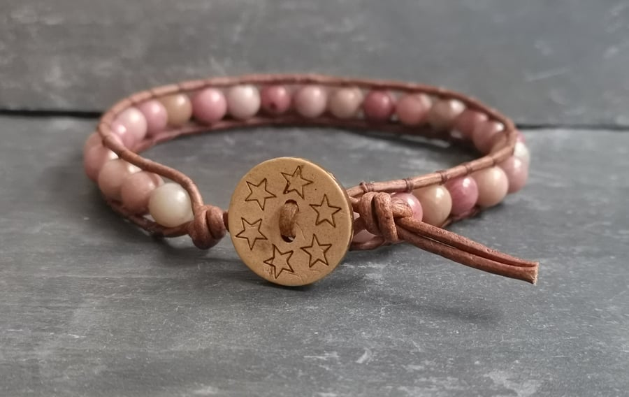 Rhodonite and leather bracelet, wooden button, gemstones, semi precious 
