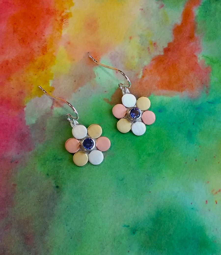 Pebbles Circle Flower Earrings, Silver, Brass & Copper, Blue Cubic Zirconia