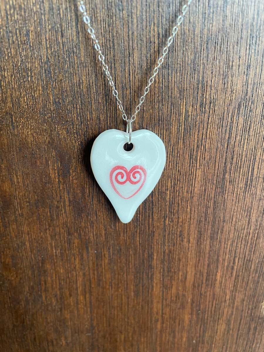 NEW!  Heart-shaped porcelain pendant on a sterling silver chain