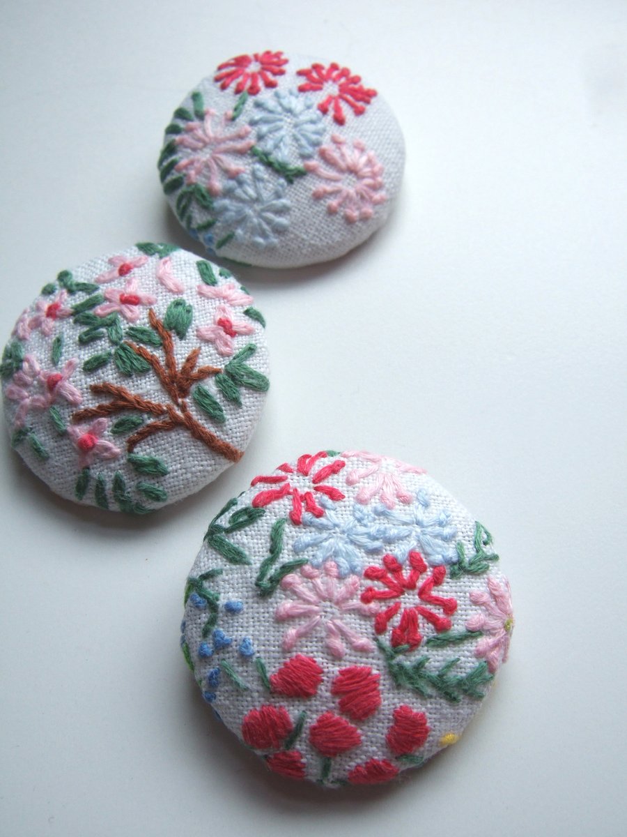 Three extra large covered buttons with floral vintage hand sewn embroidery