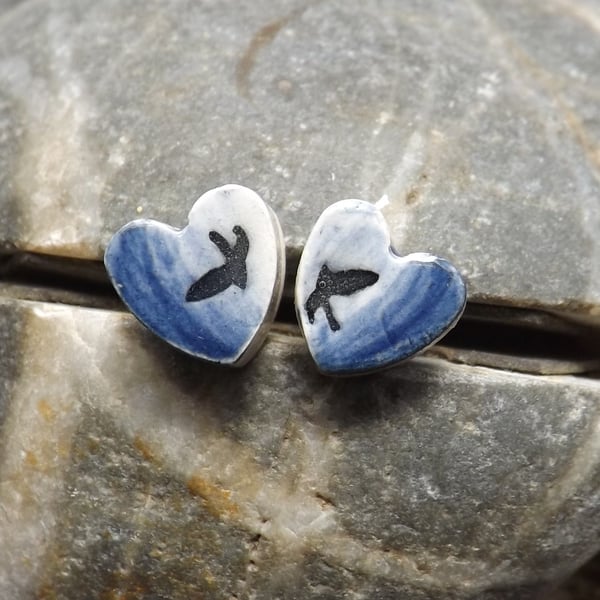 Handmade ceramic and sterling silver Swallows Heart stud earrings in blue