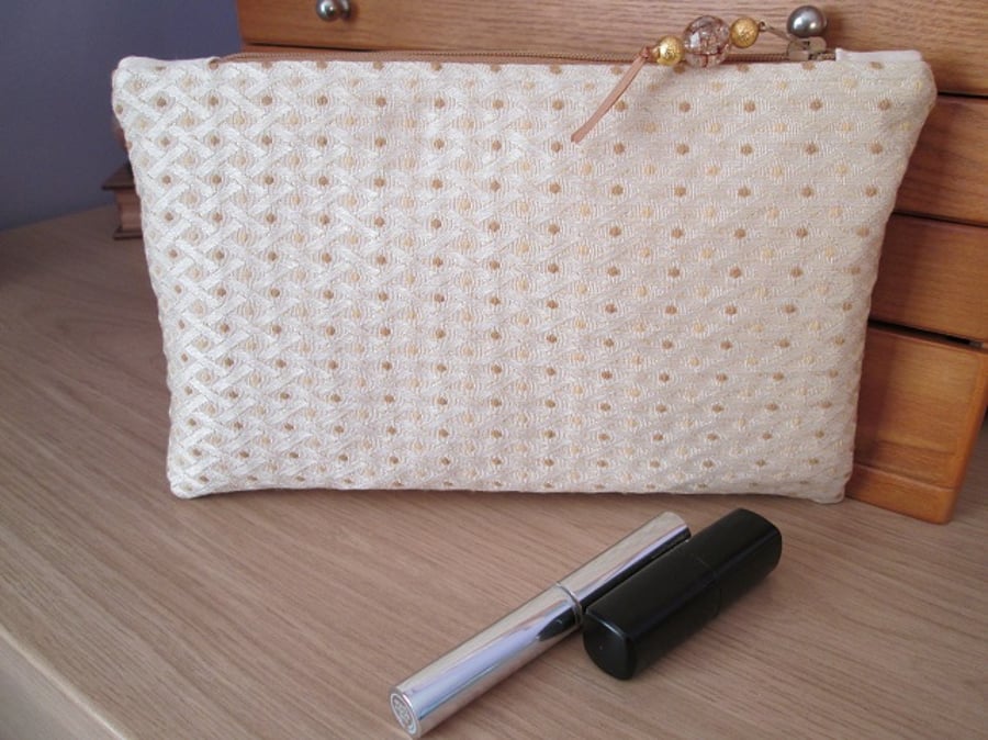 Cream and Gold Brocade Make Up, Cosmetic Bag or Pencil Case