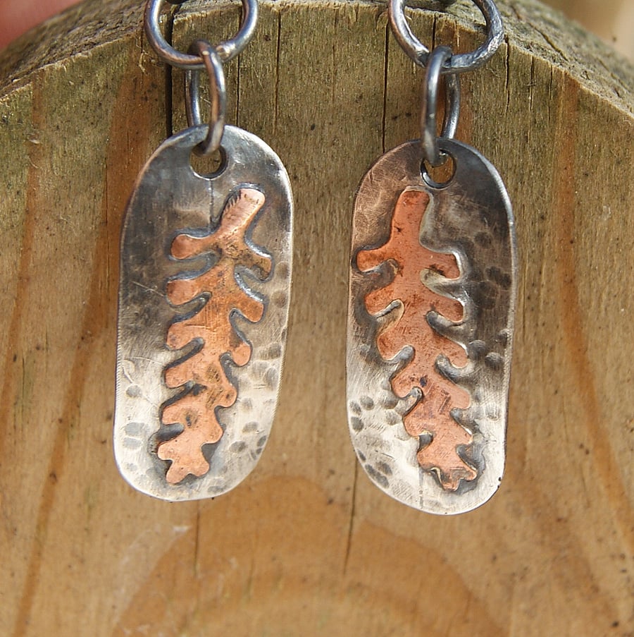 Silver and Copper Earrings, Organic Silver Leaf Earrings, Rustic Jewellery