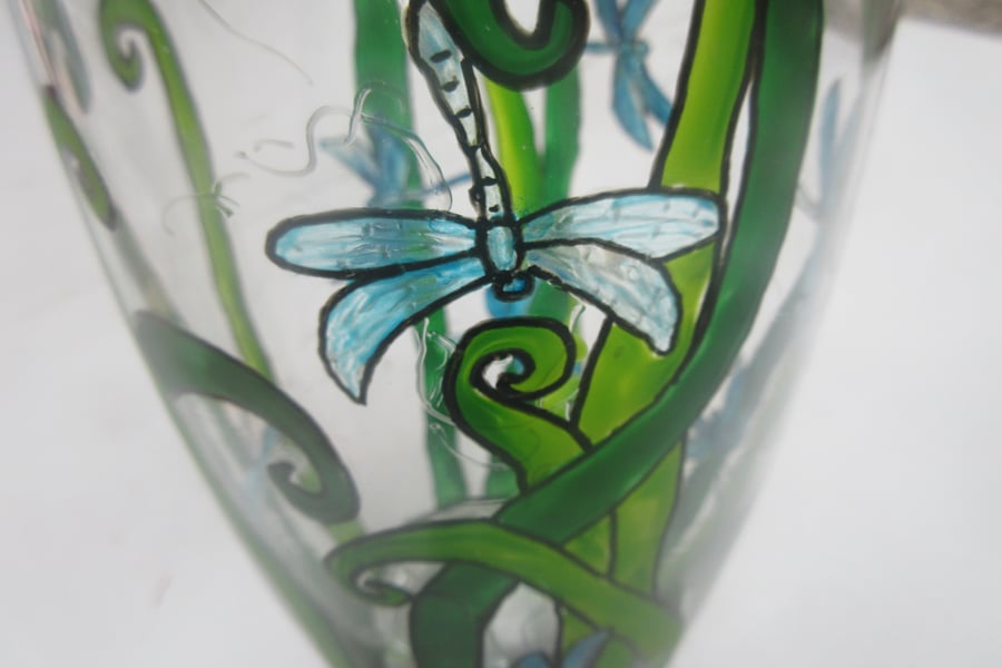 Glass Vase with hand painted dragonflies in amongst reeds