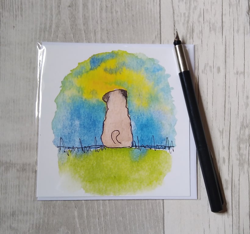 Pug Summer card. Pug card. Birthday card. Dog card. Printed card