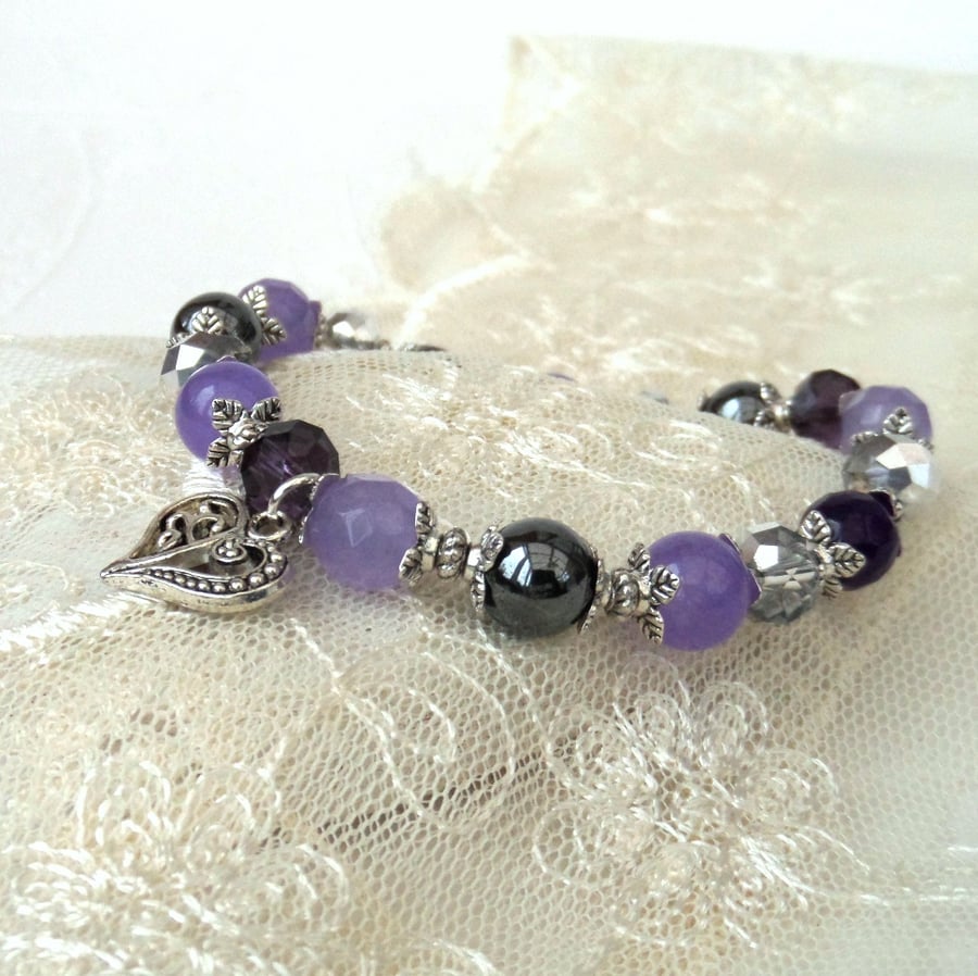 Purple and silver gemstone & crystal handmade bracelet with heart charm 