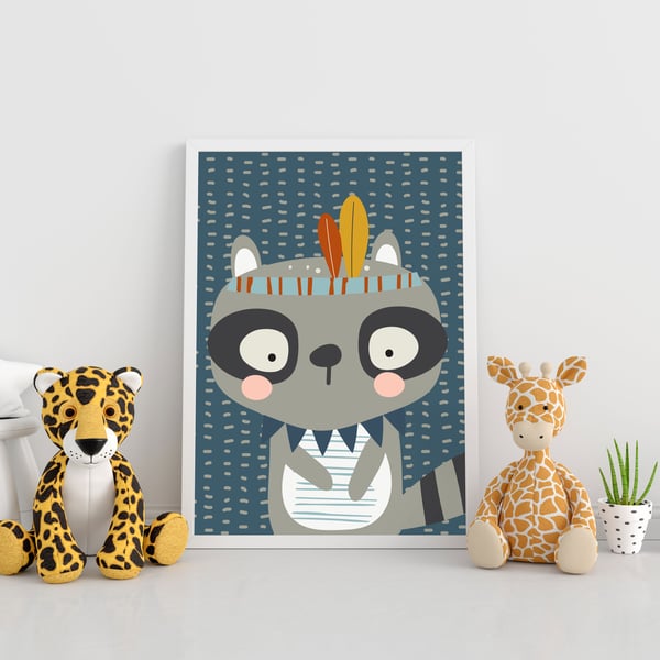 Illustrated tribal raccoon nursery child's bedroom print