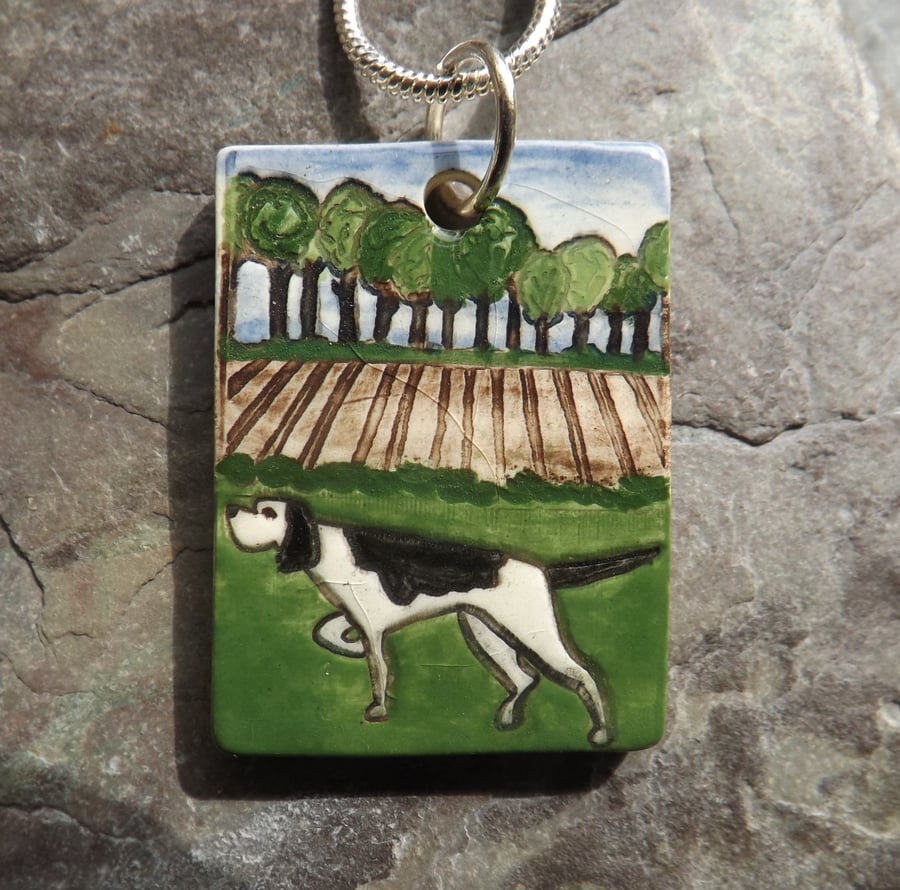 Handmade Ceramic pointer dog pendant 