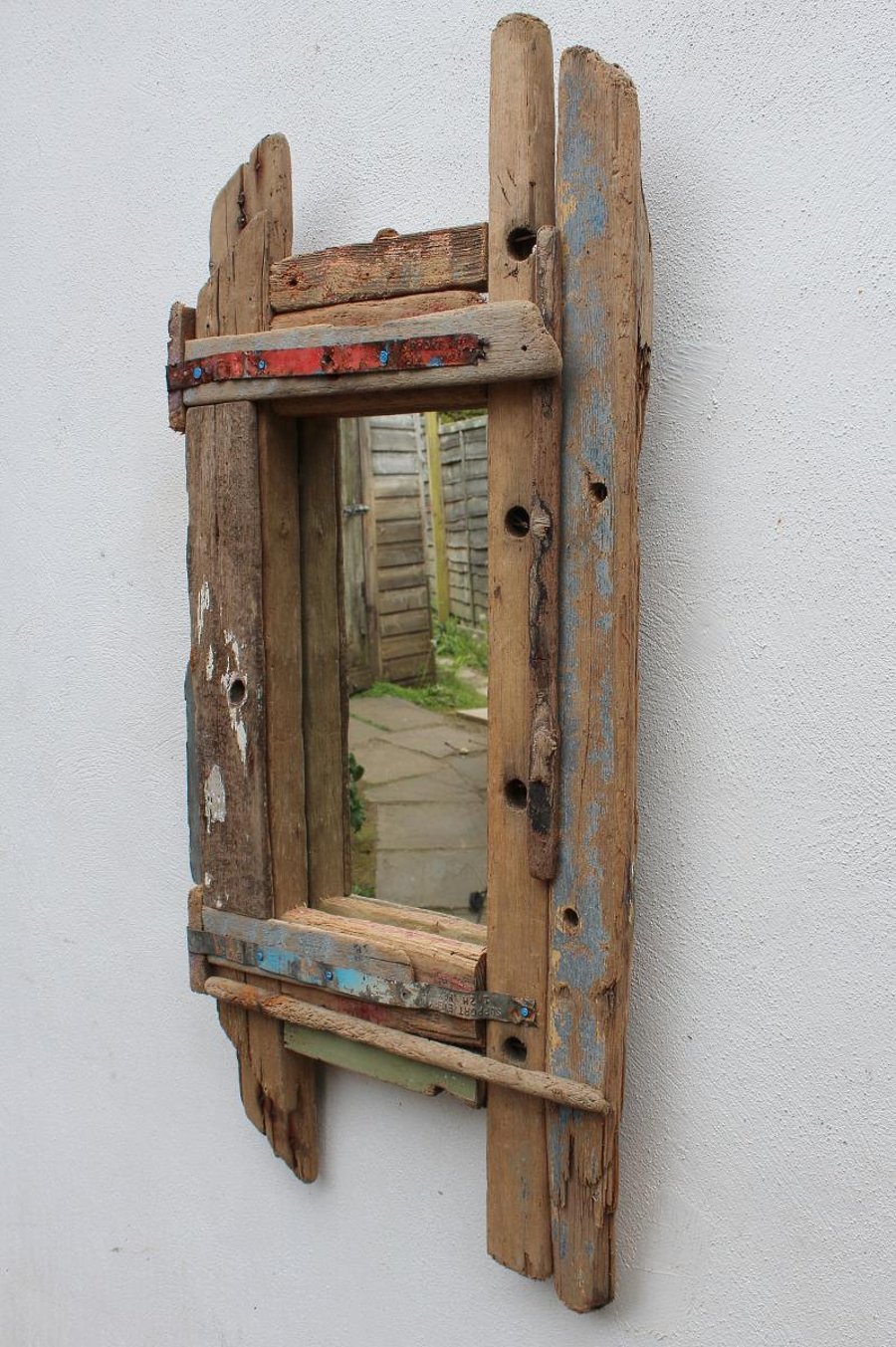 Driftwood Mirror,Drift Wood old painted Wood Mirror,Driftwood Fishing Boat Wood