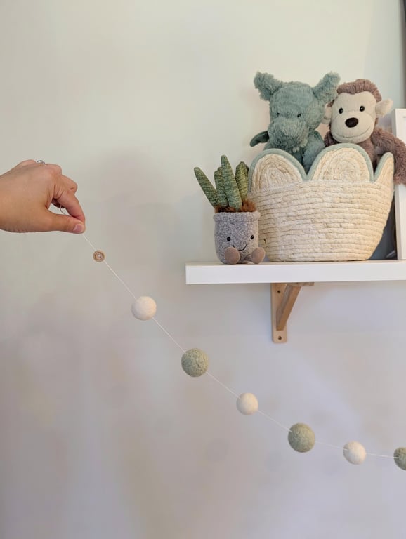 Sage Green & White Needle Felted Wool Ball Garland