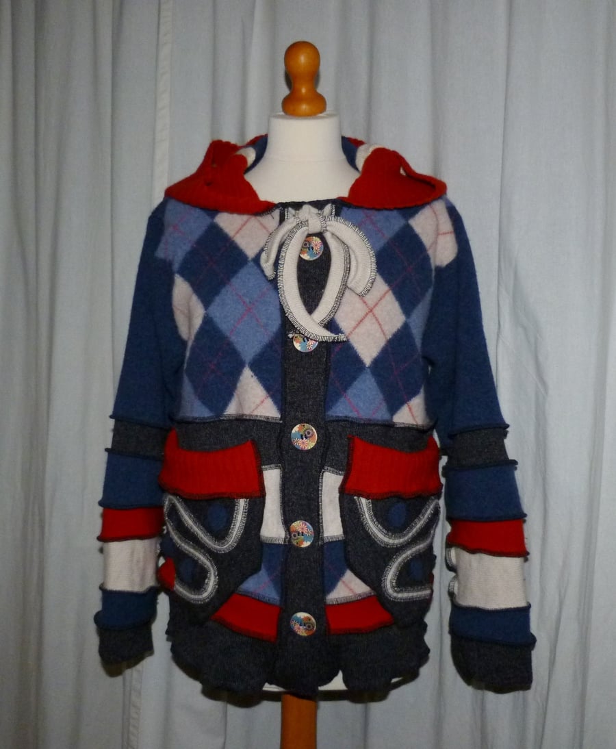 Upcycled  Wool Sweater Jacket with Buttons Hood Neck Ties and Patch Pockets