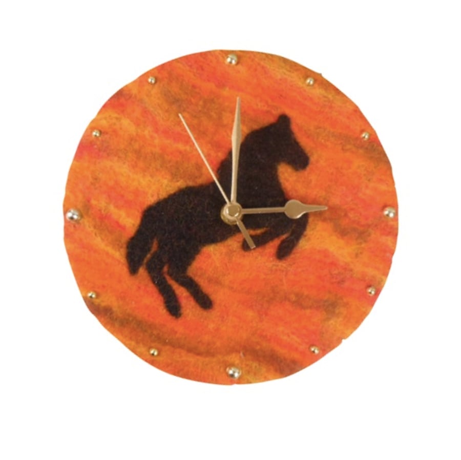 Felted wall clock, 20cm, rearing horse with sunset background