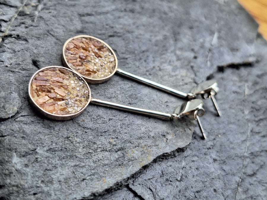 Mosaic Fire. Sterling silver bronze handmade earrings with Kyanite and diamond c