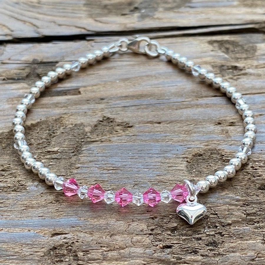 Sterling Silver & Pink Swarovski Crystal Beaded Bracelet. 