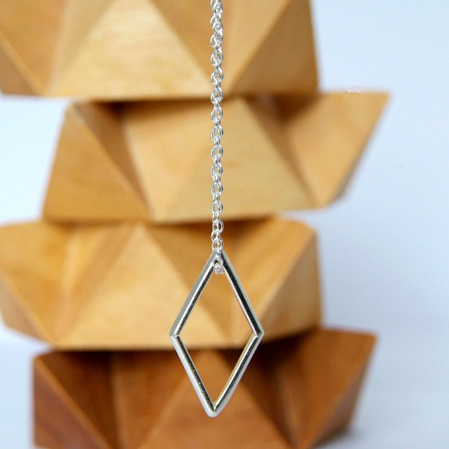 Geometric Necklace, Silver Pendant, Diamond Rhombus Shape