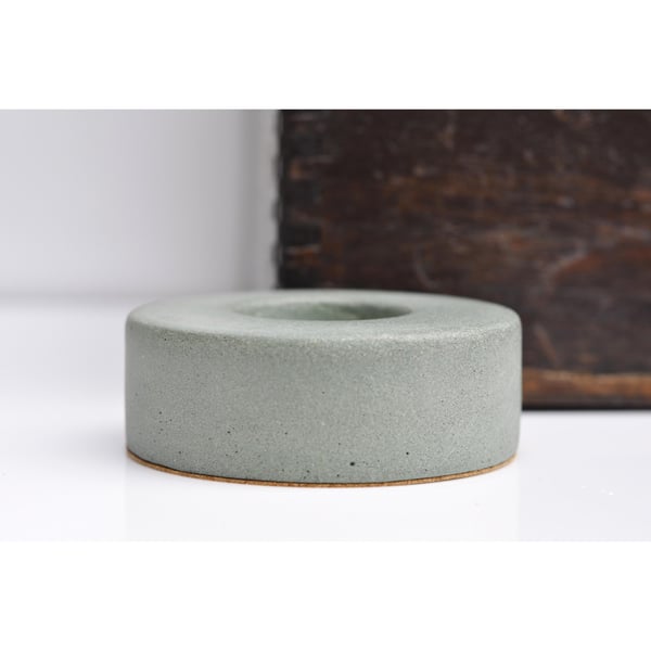 Concrete Tealight Holder: Handmade Ash Green Brutalist Desk Ornament