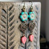Colourful Turquoise Czech Glass Anemone Flower Earrings with Rose Pink Leaves