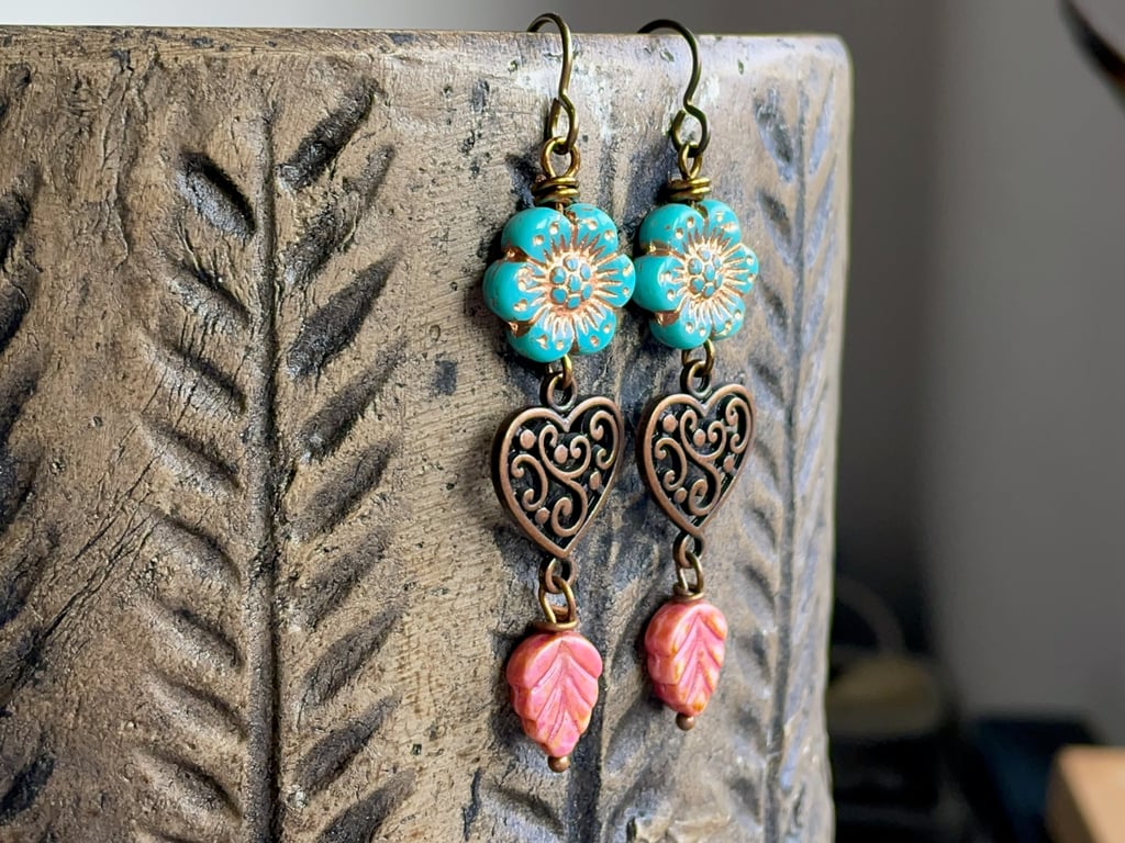Colourful Turquoise Czech Glass Anemone Flower Earrings with Rose Pink Leaves