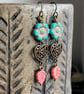 Colourful Turquoise Czech Glass Anemone Flower Earrings with Rose Pink Leaves